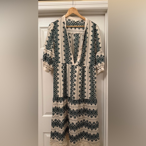 fig and flower Dresses & Skirts - Fig and Flower Cream Dress with Green Floral Patterns Boho Size Large